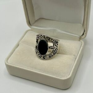 Silver Ring with Oval Black Enamel filigree Sz 9